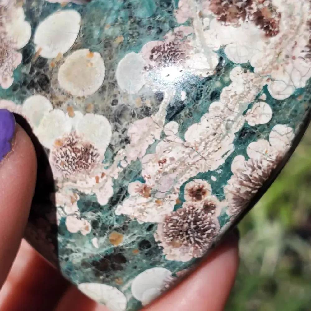Green Rhyolite Cherry Blossom Puffy Heart Crystal Carving 96 grams